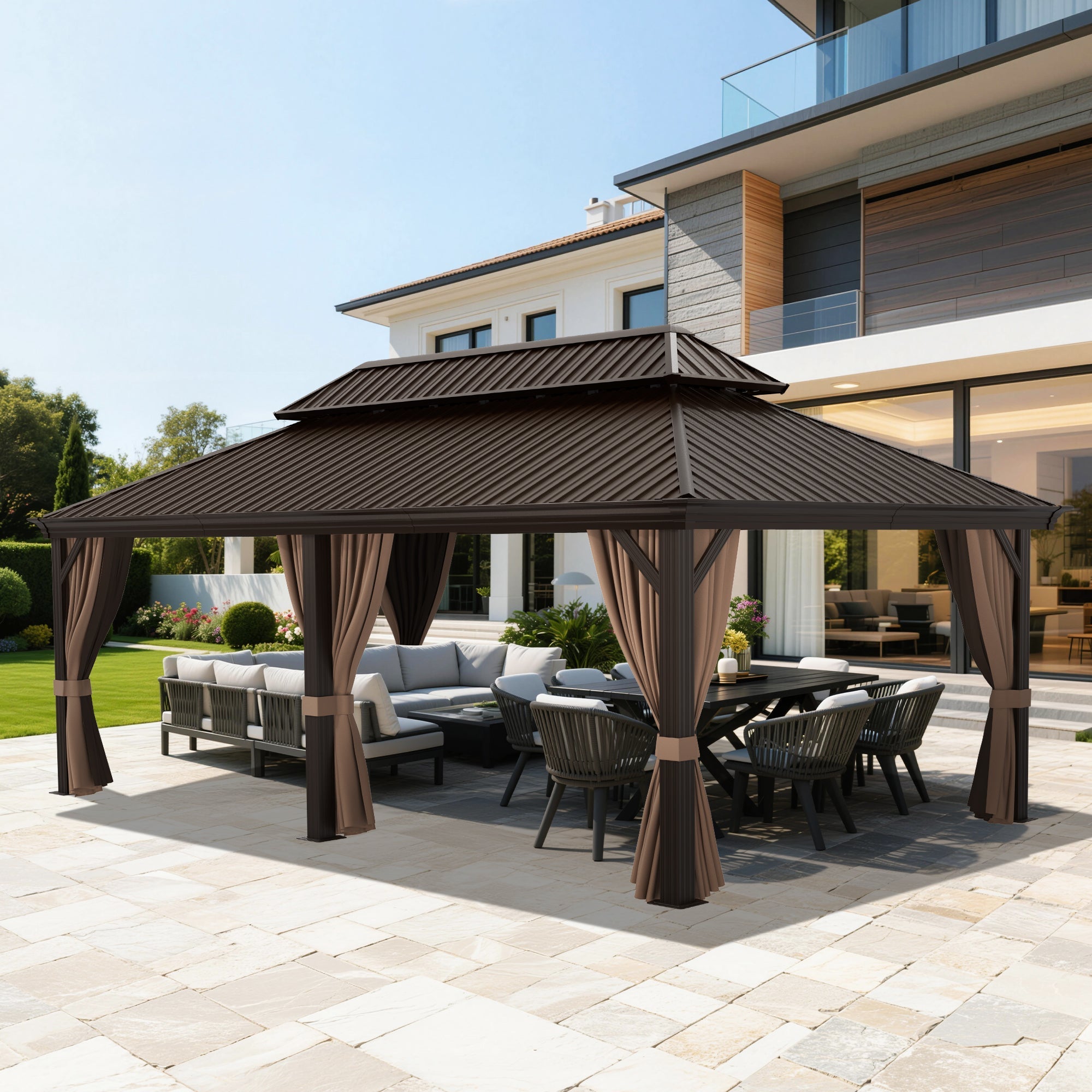 Sunvanta Haven Luxury Hardtop Gazebo with 120mm × 120mm Reinforced Aluminium Posts, Integrated Gutter System, Curtains & Netting for Patio & Alfresco Use