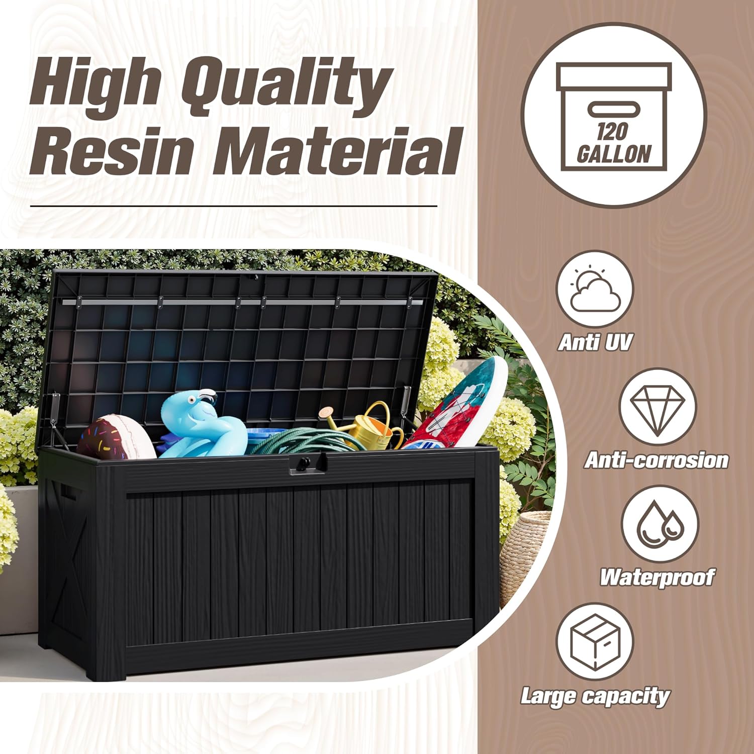 Sunvanta Resin Deck Box – Large Outdoor Storage for Patio Furniture, Garden Tools & Pool Supplies