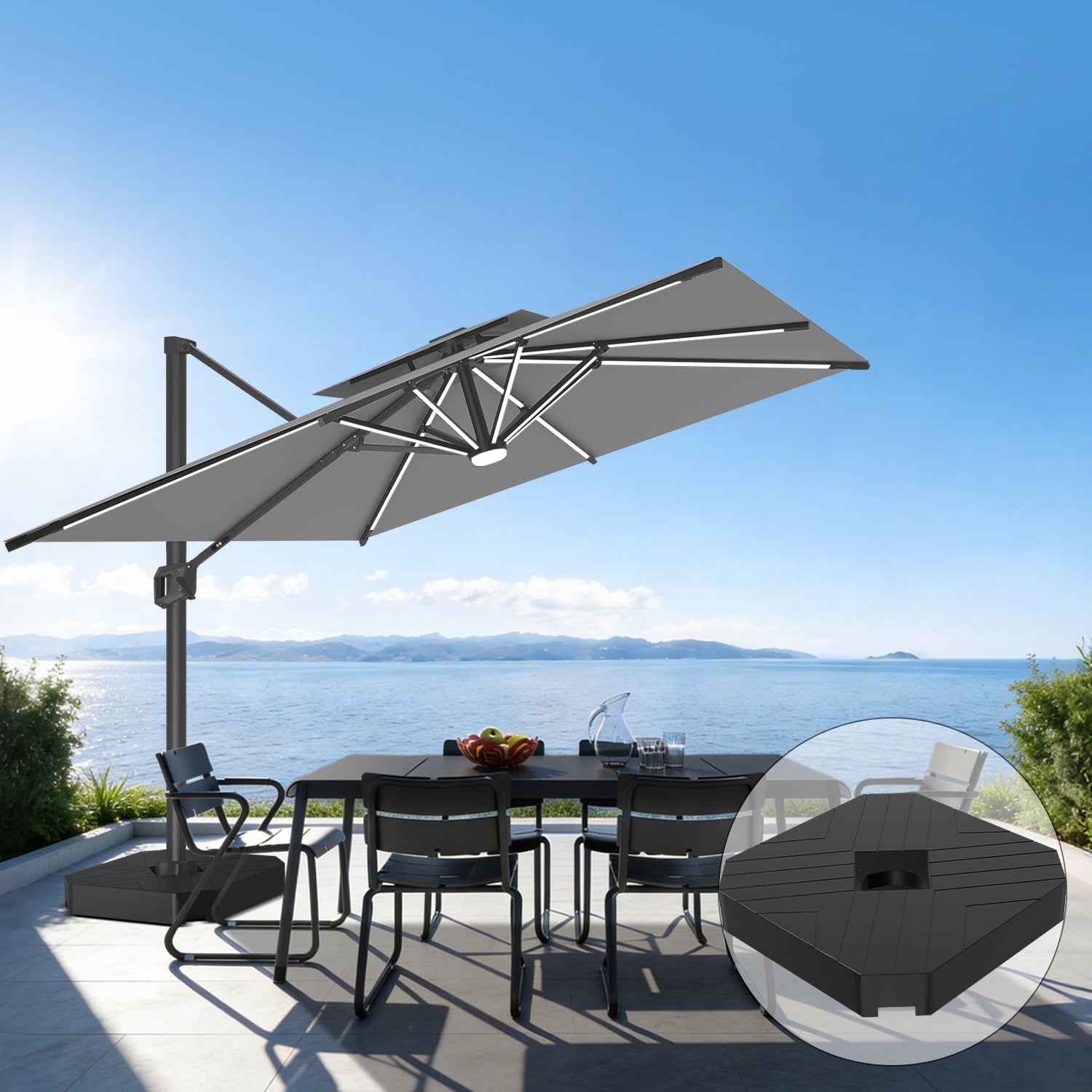 Sunvanta Auron Premium Cantilever Umbrella with Full-Rib LED Strip Lighting, Reinforced Fibreglass Ribs and Powder-Coated Aluminium Pole for Luxury Patio & Garden Shade