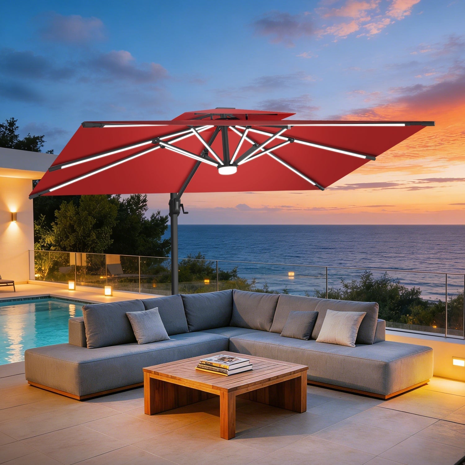 Sunvanta Auron Premium Cantilever Umbrella with Full-Rib LED Strip Lighting, Reinforced Fibreglass Ribs and Powder-Coated Aluminium Pole for Luxury Patio & Garden Shade