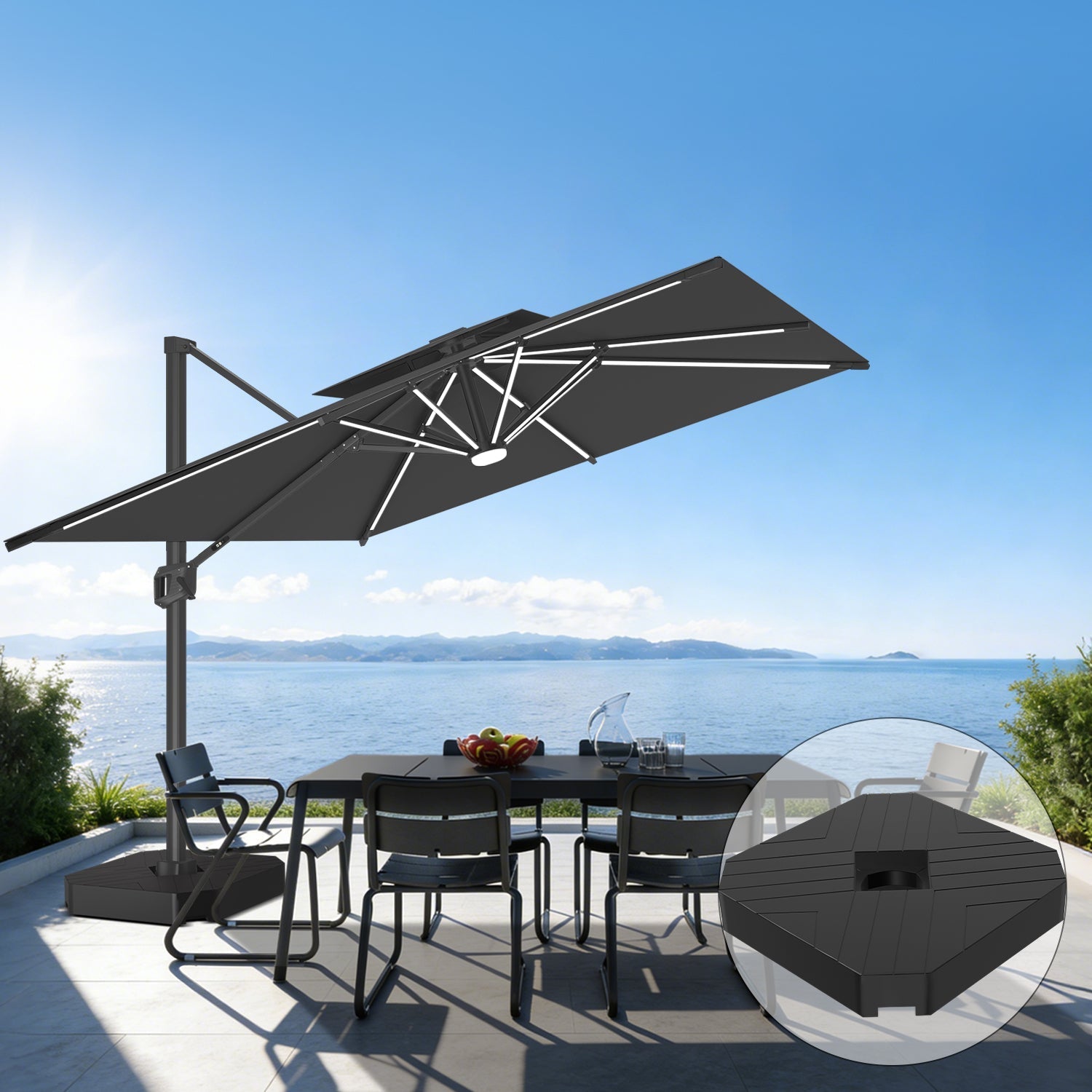 Sunvanta Auron Premium Cantilever Umbrella with Full-Rib LED Strip Lighting, Reinforced Fibreglass Ribs and Powder-Coated Aluminium Pole for Luxury Patio & Garden Shade