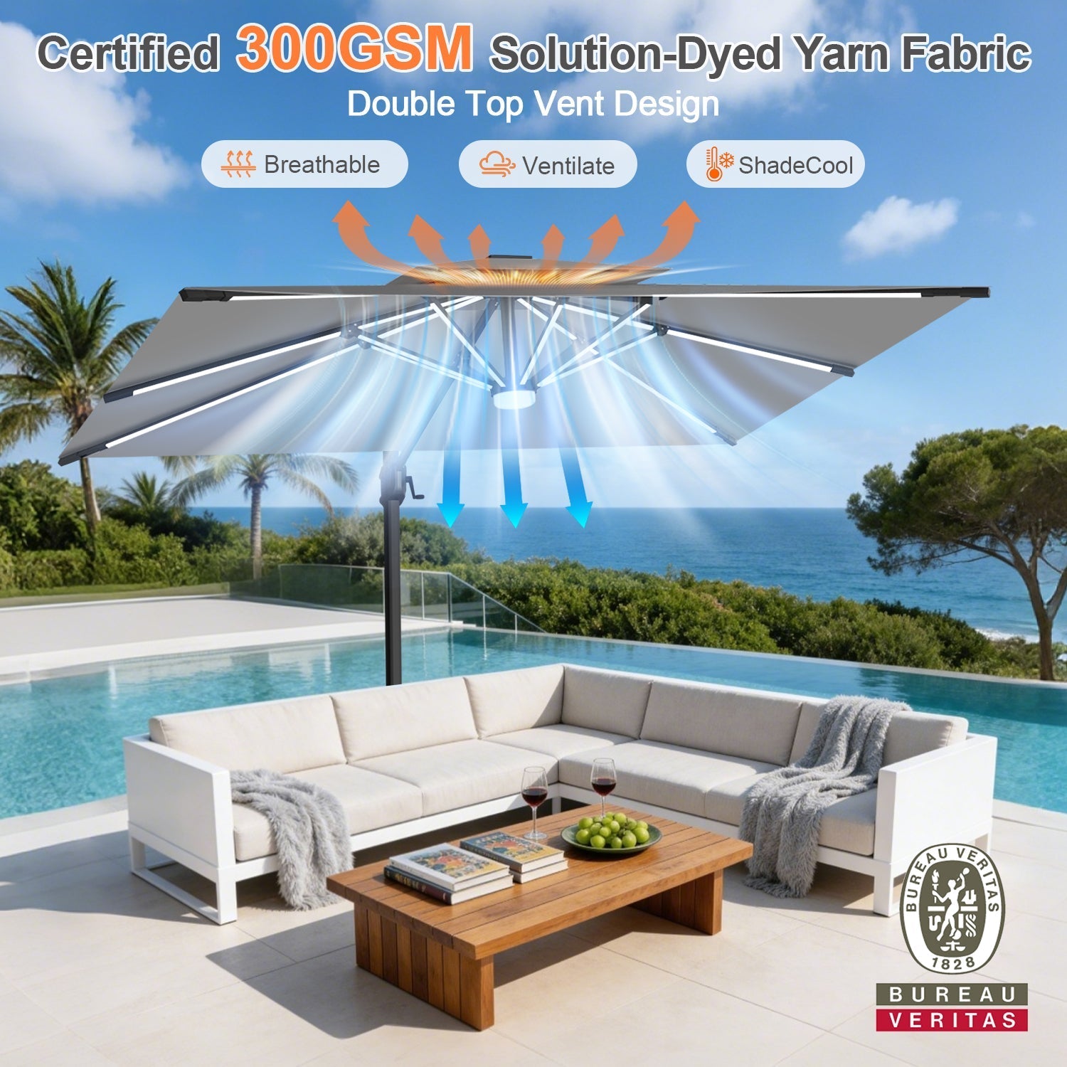 Sunvanta Auron Premium Cantilever Umbrella with Full-Rib LED Strip Lighting, Reinforced Fibreglass Ribs and Powder-Coated Aluminium Pole for Luxury Patio & Garden Shade