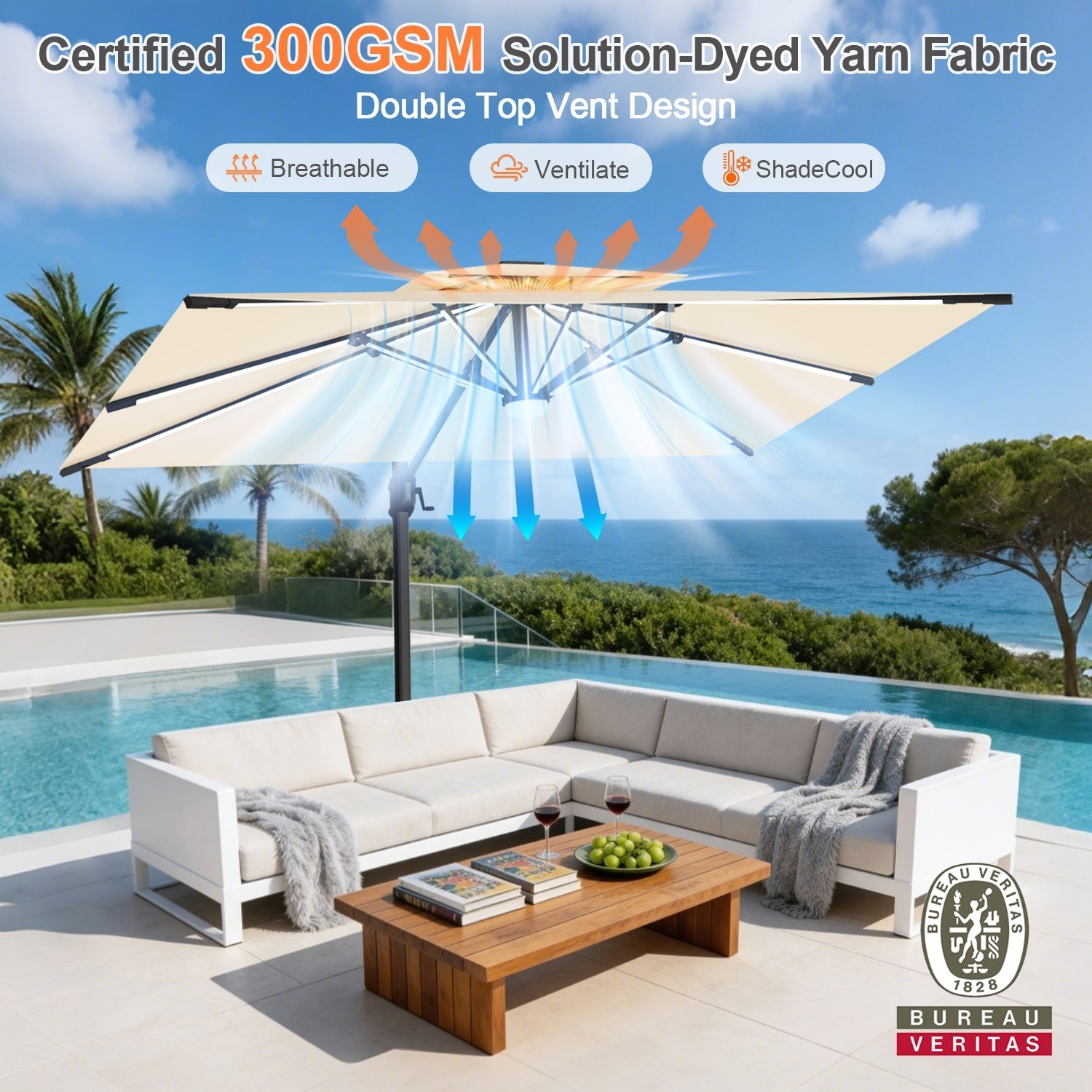 Sunvanta Auron Premium Cantilever Umbrella with Full-Rib LED Strip Lighting, Reinforced Fibreglass Ribs and Powder-Coated Aluminium Pole for Luxury Patio & Garden Shade