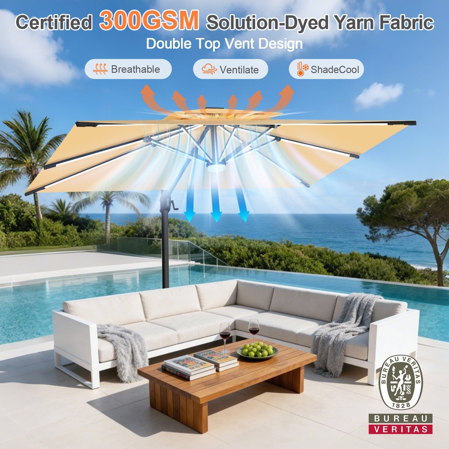 Sunvanta Auron Premium Cantilever Umbrella with Full-Rib LED Strip Lighting, Reinforced Fibreglass Ribs and Powder-Coated Aluminium Pole for Luxury Patio & Garden Shade