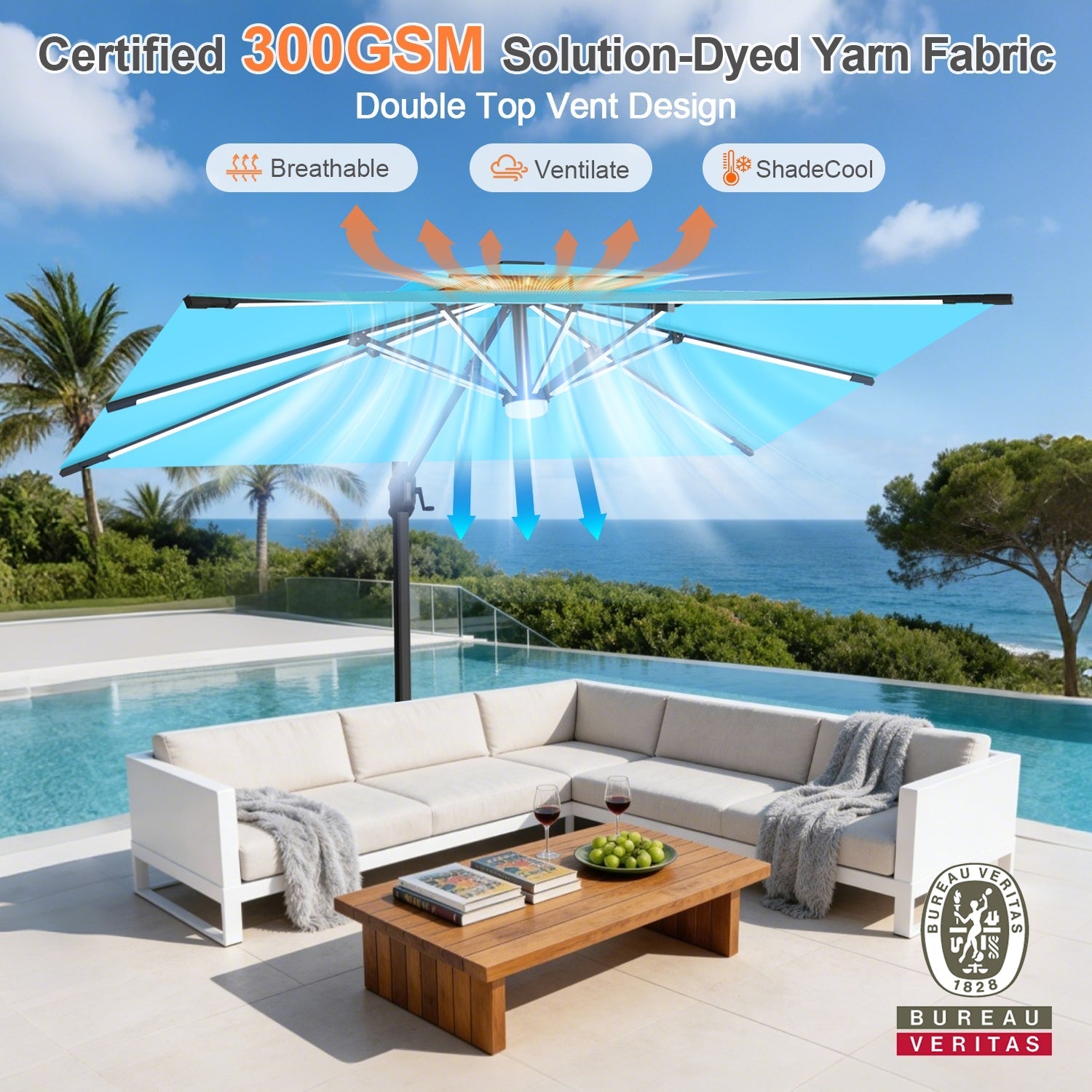 Sunvanta Auron Premium Cantilever Umbrella with Full-Rib LED Strip Lighting, Reinforced Fibreglass Ribs and Powder-Coated Aluminium Pole for Luxury Patio & Garden Shade