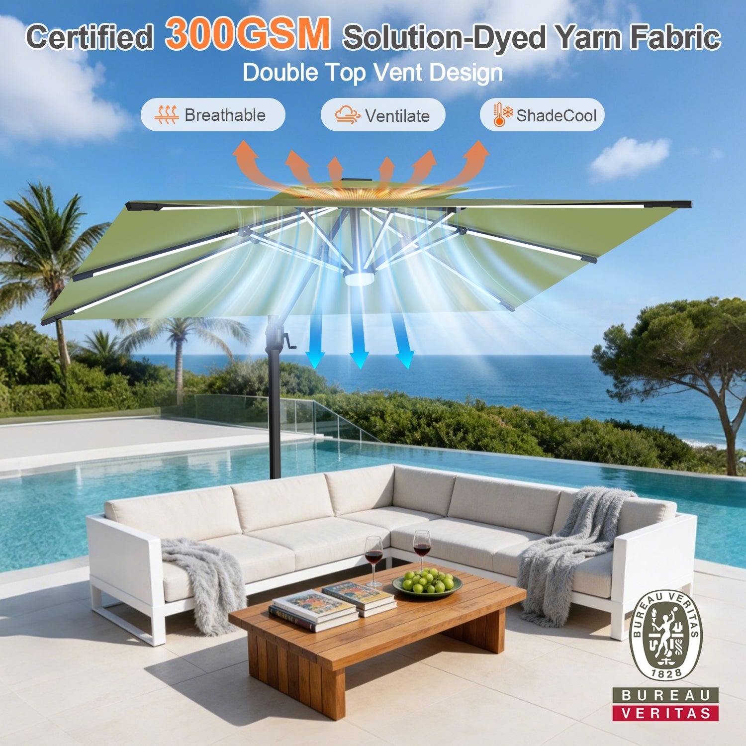 Sunvanta Auron Premium Cantilever Umbrella with Full-Rib LED Strip Lighting, Reinforced Fibreglass Ribs and Powder-Coated Aluminium Pole for Luxury Patio & Garden Shade