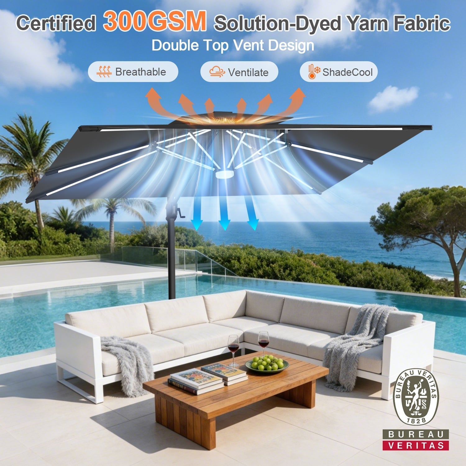 Sunvanta Auron Premium Cantilever Umbrella with Full-Rib LED Strip Lighting, Reinforced Fibreglass Ribs and Powder-Coated Aluminium Pole for Luxury Patio & Garden Shade