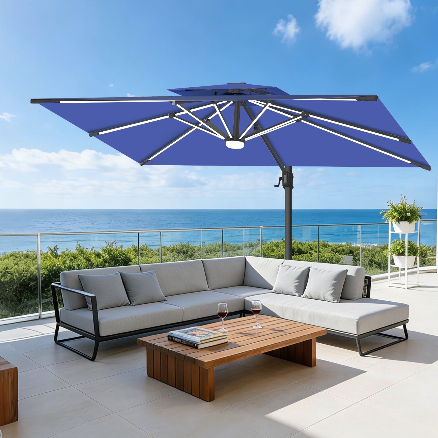 Sunvanta Auron Premium Cantilever Umbrella with Full-Rib LED Strip Lighting, Reinforced Fibreglass Ribs and Powder-Coated Aluminium Pole for Luxury Patio & Garden Shade