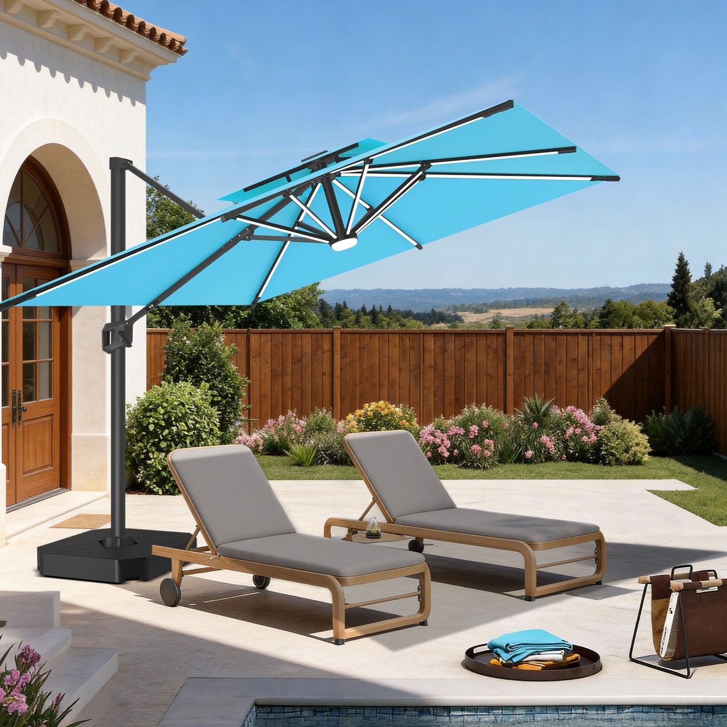 Sunvanta Auron Premium Cantilever Umbrella with Full-Rib LED Strip Lighting, Reinforced Fibreglass Ribs and Powder-Coated Aluminium Pole for Luxury Patio & Garden Shade