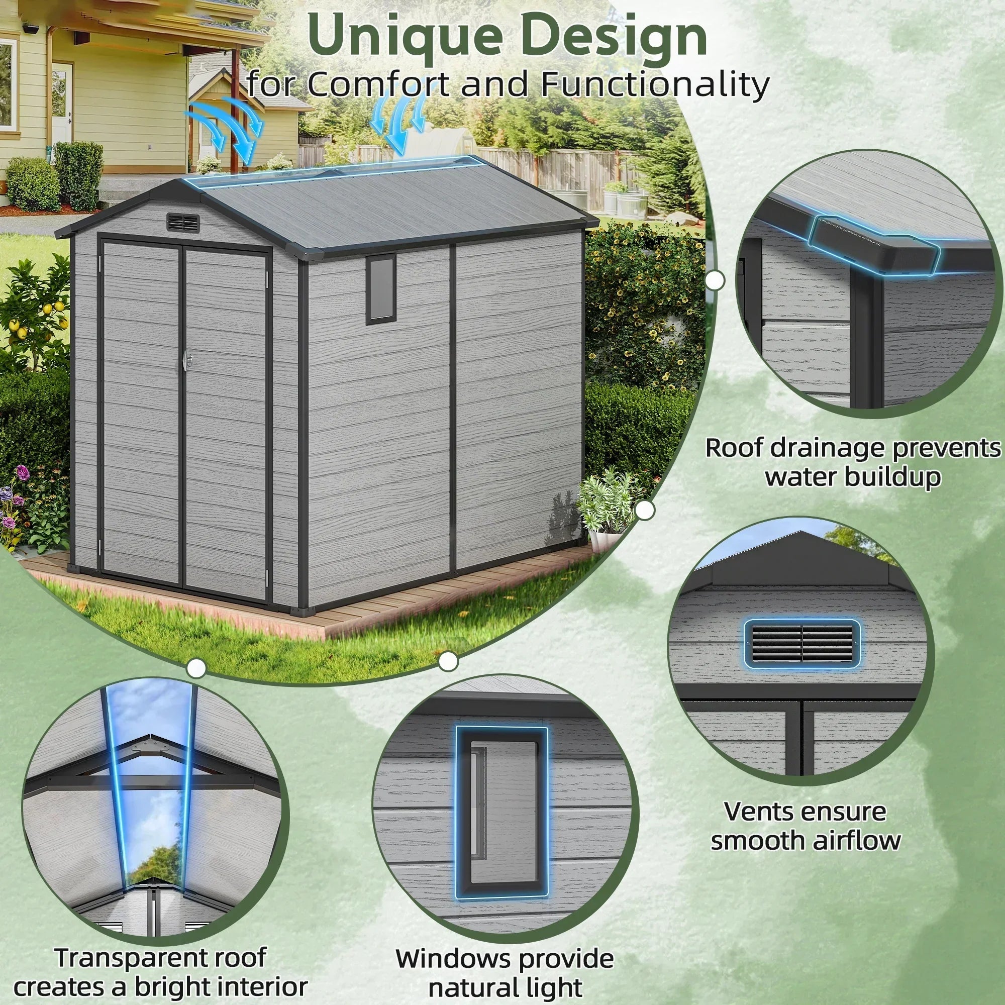 Sunvanta 1.9m × 1.9m Resin Storage Shed with Floor – Outdoor Garden Shed for Tools, Lawn Equipment & Bicycles