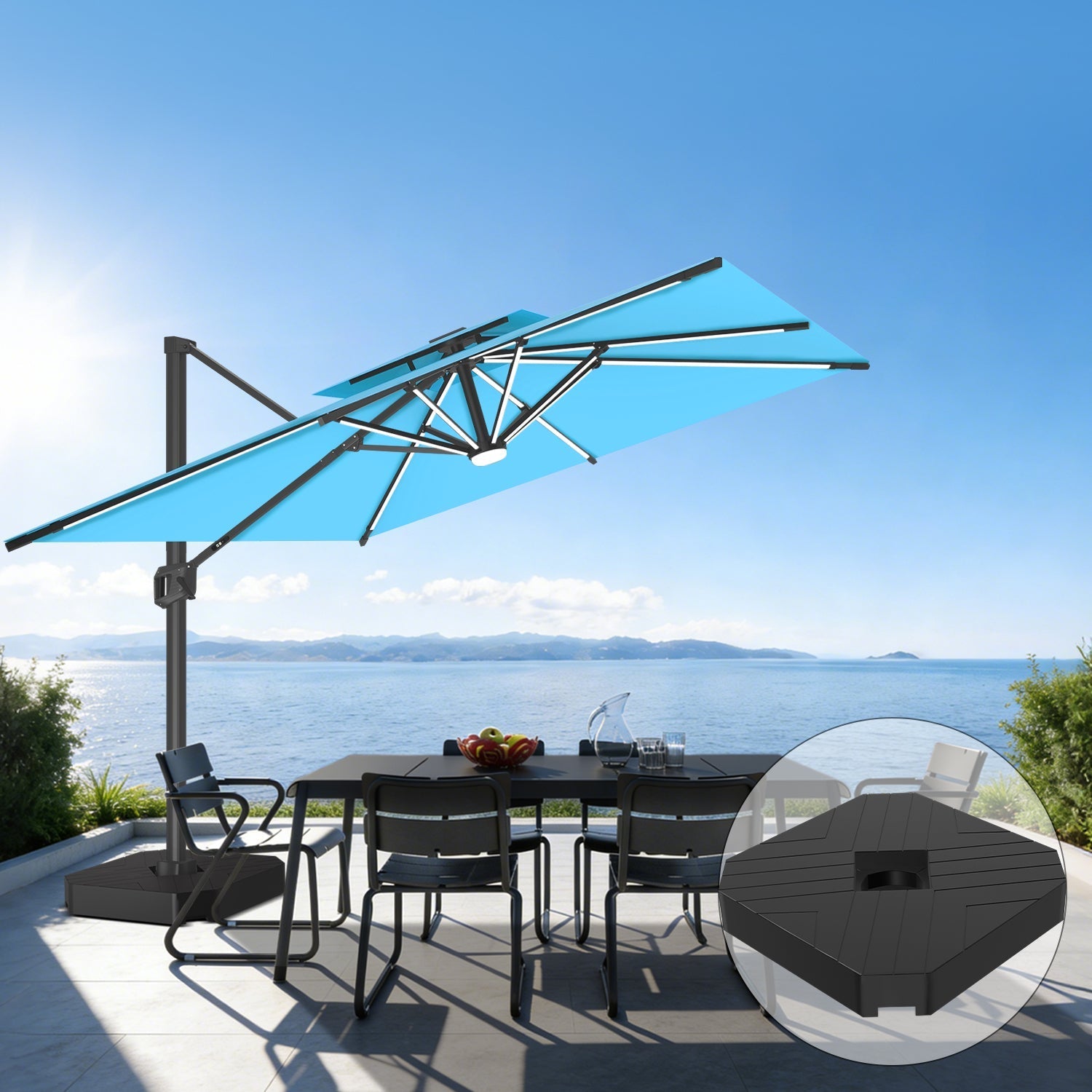 Sunvanta Auron Premium Cantilever Umbrella with Full-Rib LED Strip Lighting, Reinforced Fibreglass Ribs and Powder-Coated Aluminium Pole for Luxury Patio & Garden Shade